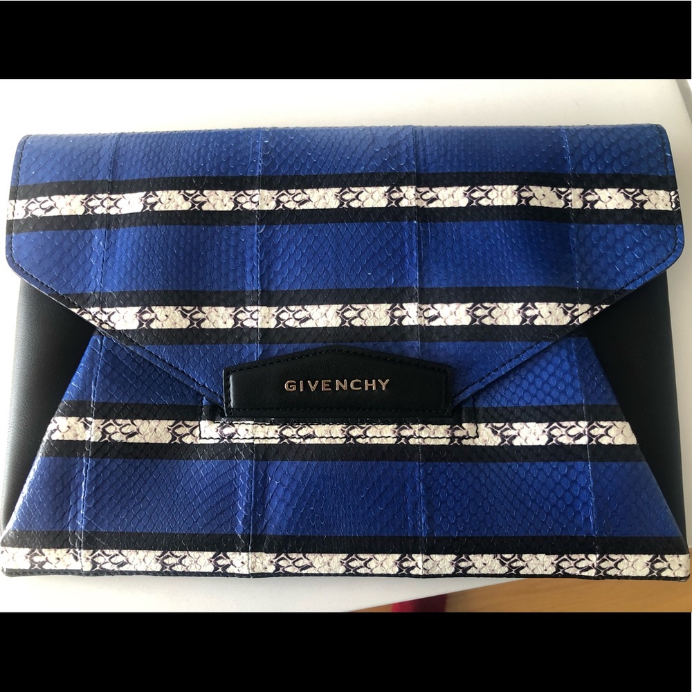 Givenchy snakeskin blue,black and white clutch.